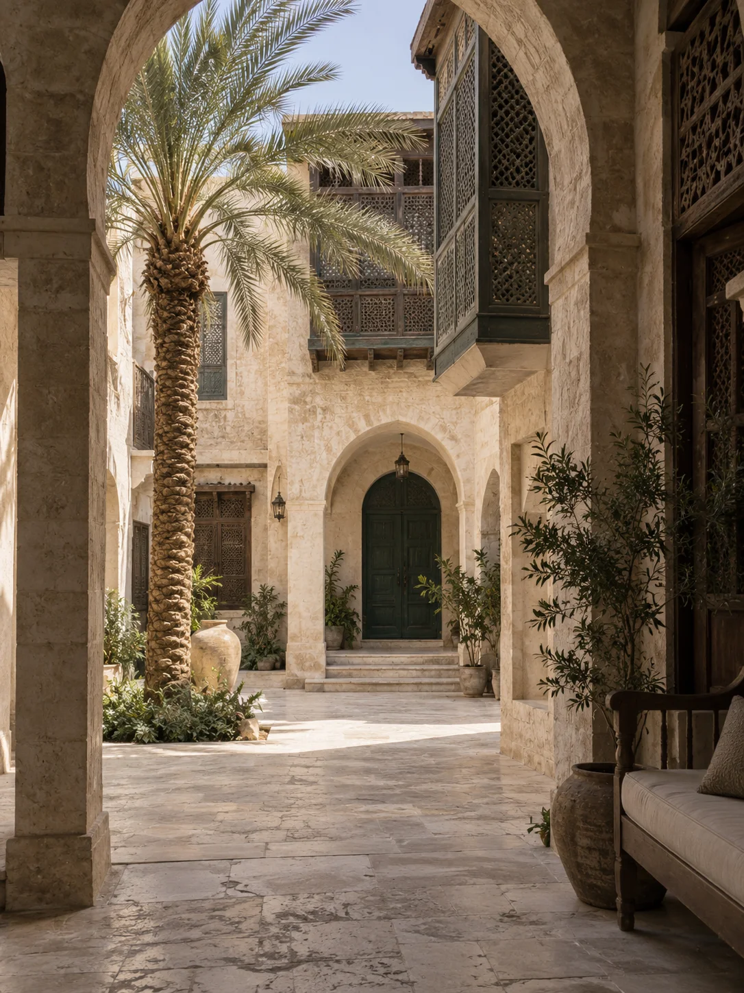 فناء هادئ بأقواس حجرية ونخلة.